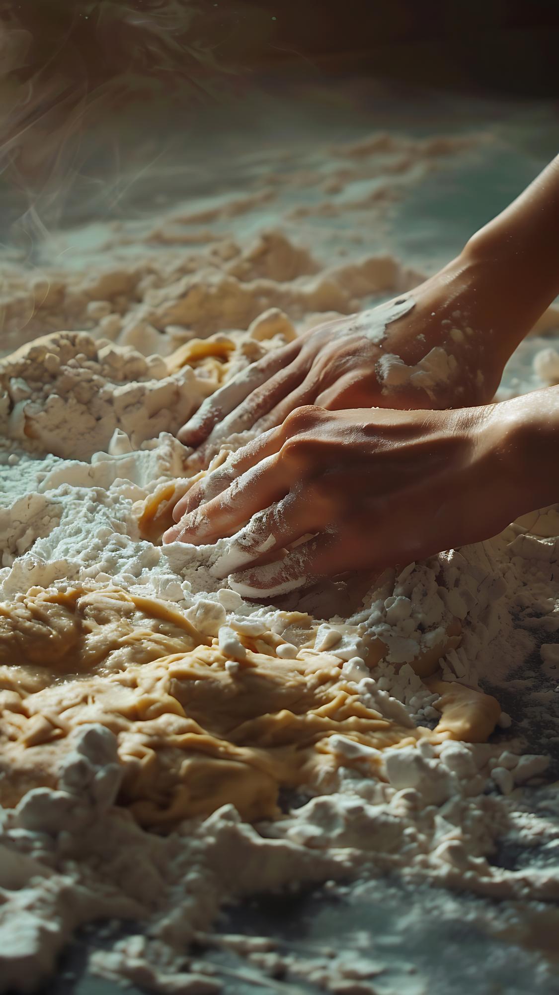 Hands kneading dough in rustic kitchen